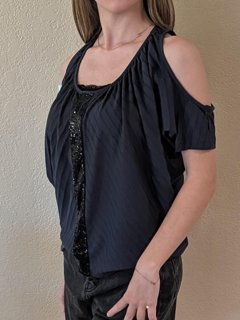 Cynthia Rowley Black Cold-Shoulder Top with Chain Mail Center Trim - Picture 3 of 4